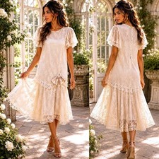 Vtg 80s Romantic Sz 14 Lace Midi Dress Ivory Flutter Sleeve Cottagecore Bridal