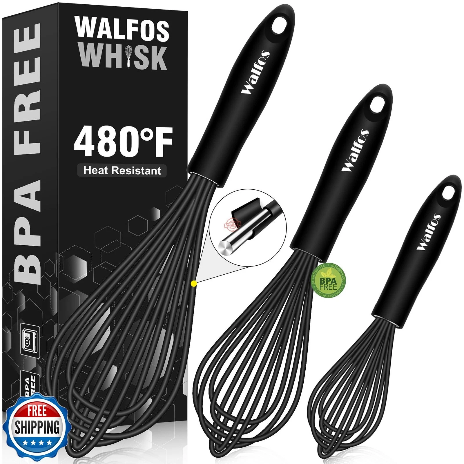 Walfos Silicone Whisk,Stainless Steel Wire Whisk Set of 3 -Heat R