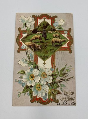 1910 Easter Greetings Embossed Postcard Pastoral Scene Sheep Cross