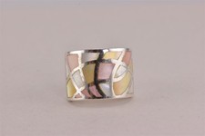 Sterling Silver 15mm Swirled Mosaic Mother of Pearl Band Ring 925 Sz: 5