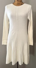 Elie Tahari Sweater Dress Long Sleeve Ivory Knit Fit Flare Nylon Cashmere Medium