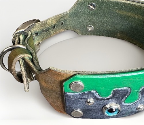 Twisted Acres Halloween MoNsTeR Green Grey Leather Collar 14 1/2 - 17”