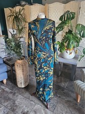 Karen Millen Marble Slinky Jacquard Knit Pencil Midi Dress Blue Black Yellow M