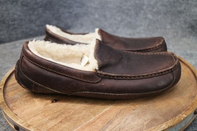 UGG Ascot Slippers Dark Spice Brown Leather Men's Size 11 US Fur Lined 5379