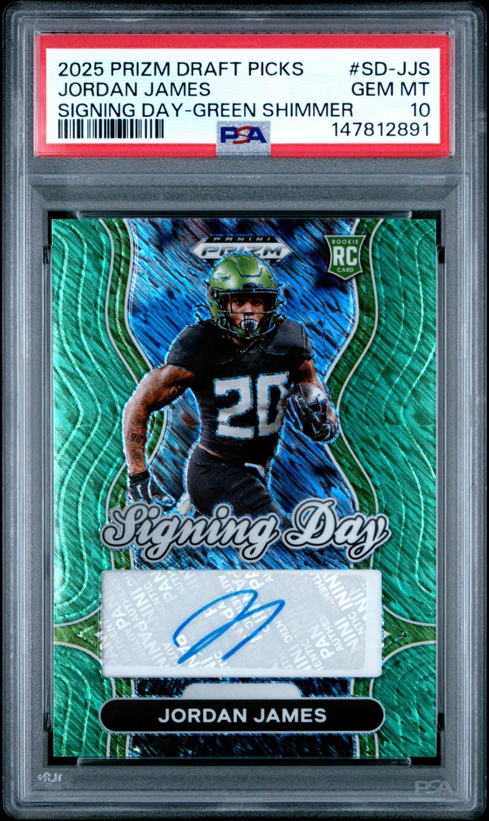 JORDAN JAMES 2025 PRIZM DRAFT GREEN SHIMMER SIGNING DAY ROOKIE AUTO 6/8 PSA 10