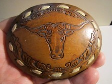 VINTAGE TEXAS LONGHORN LEATHER BELT BUCKLE - GW-26