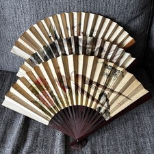Lot of 3 Vintage Chinese Wood Paper Painted Hand Fan Asian Birds Flowers Scenery