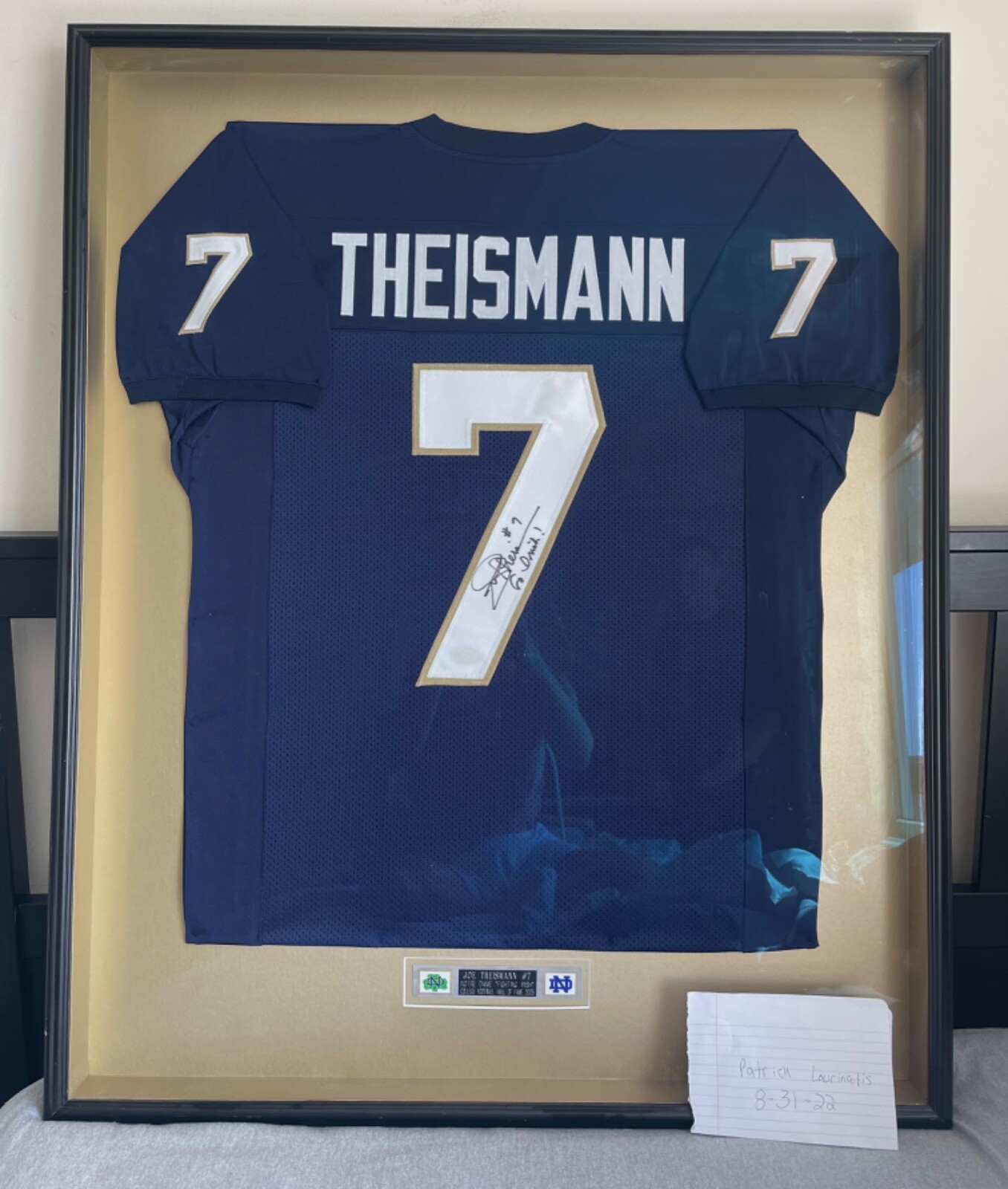 Joe Theismann Autographed Signed Notre Dame Fighting Irish and framed jersey 