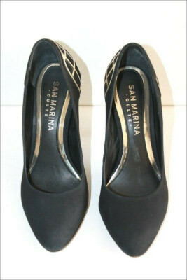 Escarpins San Marina Cuir Noir Motifs Dorés - Taille 37, Talons Aiguille 10cm, Occasion TBE
