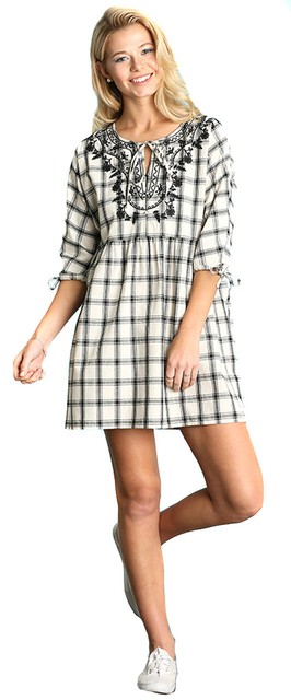UMGEE Womens Boho Vintage Chic Plaid Embroidered Woven 3/4 Sleeve Dress S M L | eBay