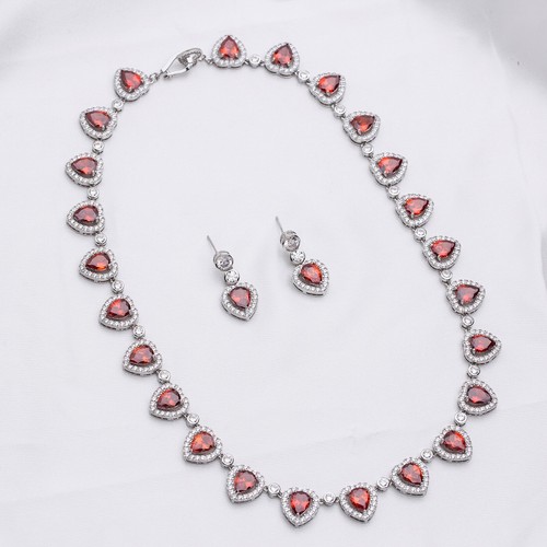 Carino Donna Opera Collana & Orecchini a Goccia,con Trasparente & Rosso 5A - Foto 4 di 18