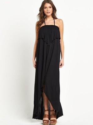 NEW VILA FRILL FRONT HALTERNECK HI LO MAXI DRESS BOHO FESTIVAL SUMMER LOOK UK 8