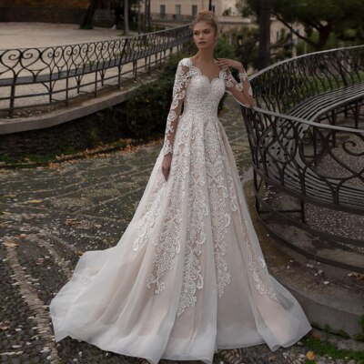Modest Champagne Wedding Dress Long Sleeves Sweetheart Lace Gowns Sweep  Train | eBay