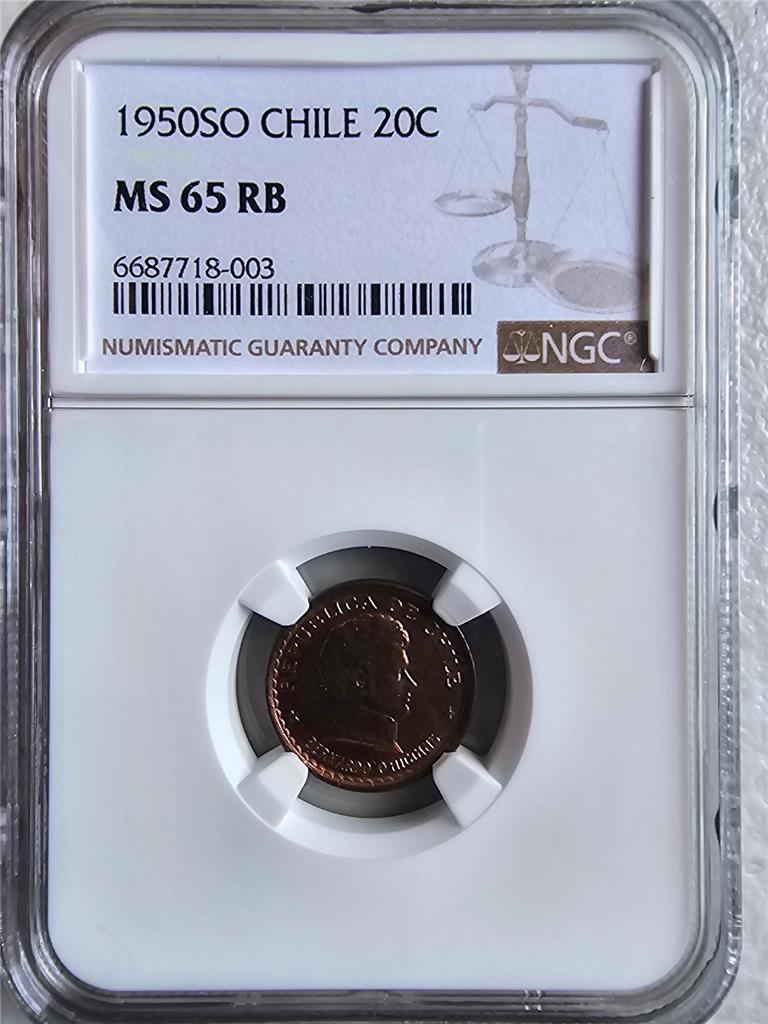 Chile 20 Centavos 1950SO NGC MS 65 RB
