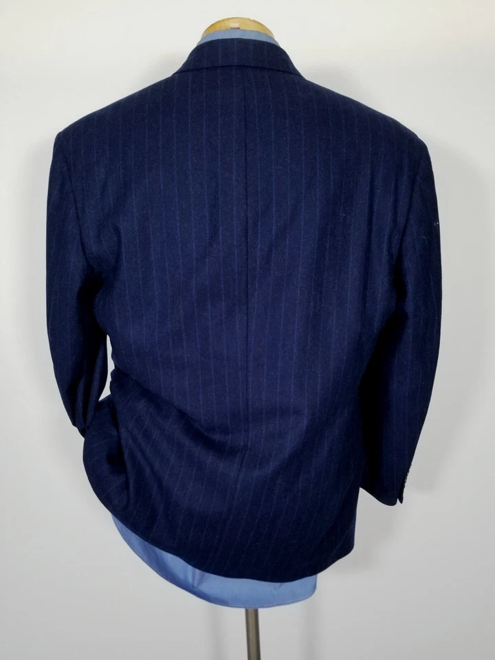 复古 44R Neiman Marcus 蓝色条纹双排扣法兰绒西装外套运动夹克 — 第 2/4 张图片