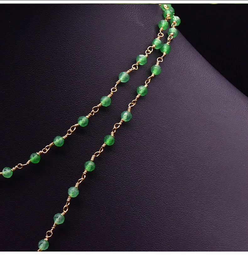 D17 vergoldete Halskette mit Perlen aus grünem Achat und Barockperle 94 cm lang - Bild 3 von 4