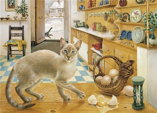 Ra Ra in Kitchen  Oriental Cat Art Blank Greeting / Birthday Card Lesley Ivory
