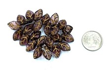 Purple Gold Czech Glass Leaf Beads 25 Pcs 15x8mm