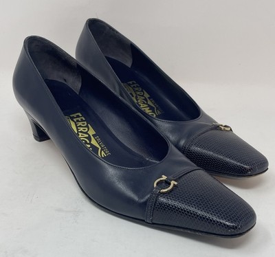 VTG Salvatore Ferragamo Navy Blue Leather Gancini Lizard Effect Toe Pumps 6.5 B