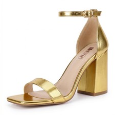 IDIFU Gold Heels for Women High Chunky Block Heeled Sandals Gold Pu, 9 