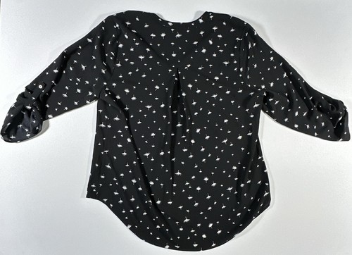 Daniel Rainn Top Womens XL Black Koda Split Neck Blouse Sheer Roll Tab Sleeve - Picture 2 of 9