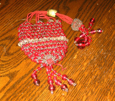 Antique Drawstring Red Victorian Beaded Purse 2.5 by 13 inches