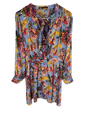 ZARA Dress Size Large Blue Floral Sheer Long Sleeve Mini Tie Neck Womens L