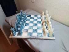 White and Green Marble Chess Set, Game Board with Antique Pieces, a couple chips