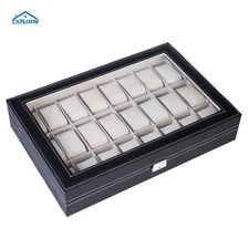 Luxury 24-Compartment Leather Watch Organizer Box - Elegant Black Design
