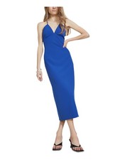 BARDOT Womens Blue Tie Open Strappy Back Spaghetti Strap Midi Sheath Dress S6