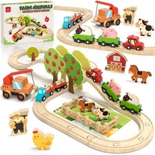 Wooden Train Set for Toddlers 2-4 - Wooden Train Track Set for Kids, Farm Ani...