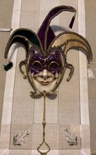 Full Size Hand Painted Jester Mask Venitian Mardi Gras Horns Velvet Purple Gold