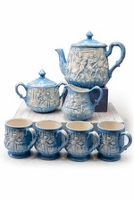 Vintage Blue Jasperware Style Cherub Relief Tea Set Teapot Sugar Creamer 4 Mugs