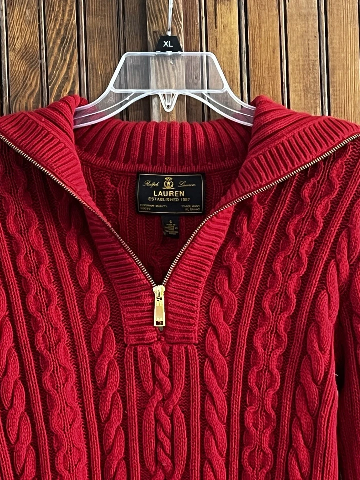 Suéter feminino Lauren Ralph Lauren pequeno vermelho malha cabo dourado quarto de zíper - Imagem 3 de 4