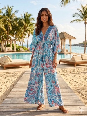 White Waves Wide Leg Jumpsuit Beach Resort Wear Vacation Wear Size S/M NWT