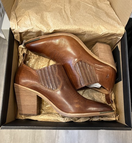 FRYE Faye Shootie Cognac Leather Western Southern Embroidered Cowboy Heel Bootie - Picture 5 of 9
