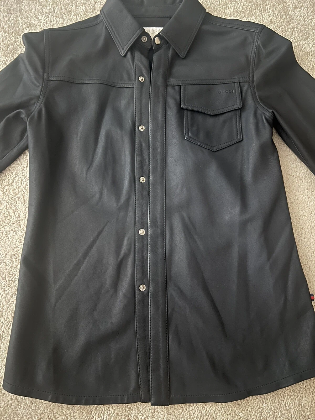 Gucci giacca camicia pelle agnello bambino manica lunga blu scuro taglia 10 Yo