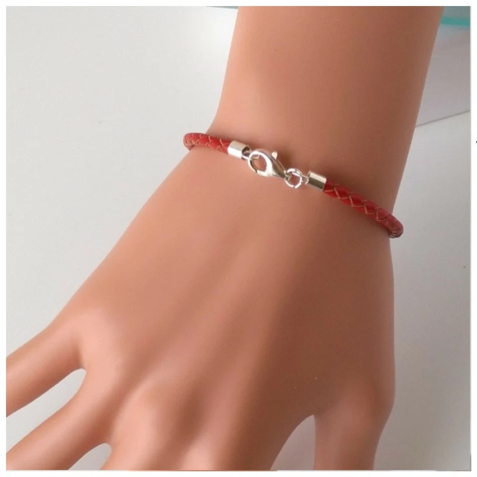 3 毫米编织皮革手链纯银扣 6 英寸 7 英寸 8 英寸 9 英寸男式女式 — 第 2/4 张图片