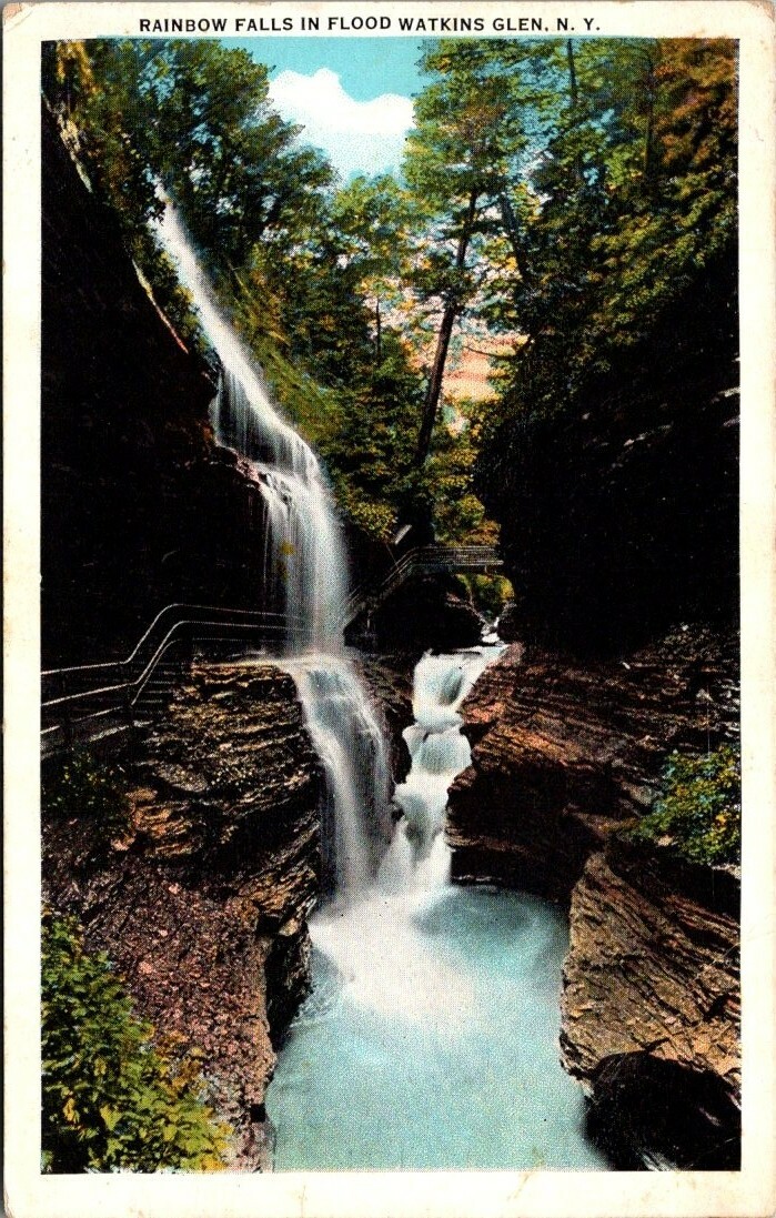Postcard Rainbow Falls In Flood Water Glen NY White Border UK