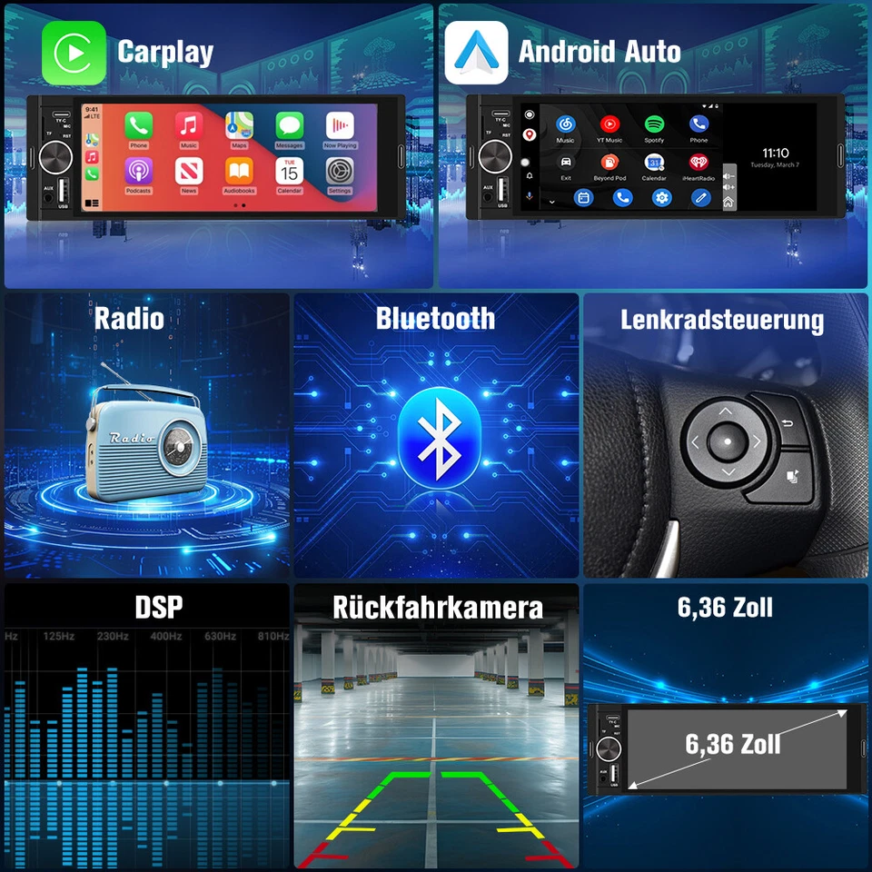 6.36" Apple Carplay Autoradio 1 DIN GPS Navi Android Auto KAM USB Mit Bildschirm - Bild 4 von 4