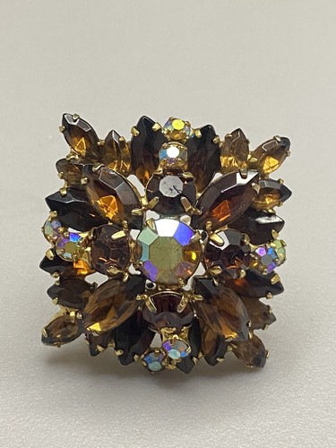 Vintage goldfarbene Topas Aurora Borealis Strass gestapelt Cluster Anstecknadel Brosche - Bild 1 von 5