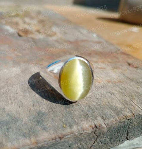 Chrysoberyl Cats Eye Oval Gemstone Handmade Modern Brass Men Ring Jewelry