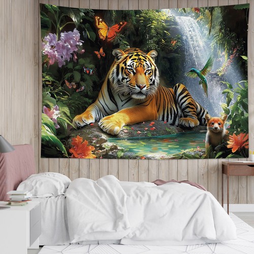 Butterfly Wild Animal Tiger Green Forest Tapestry for Bedroom Living Room Dorm - Picture 4 of 15
