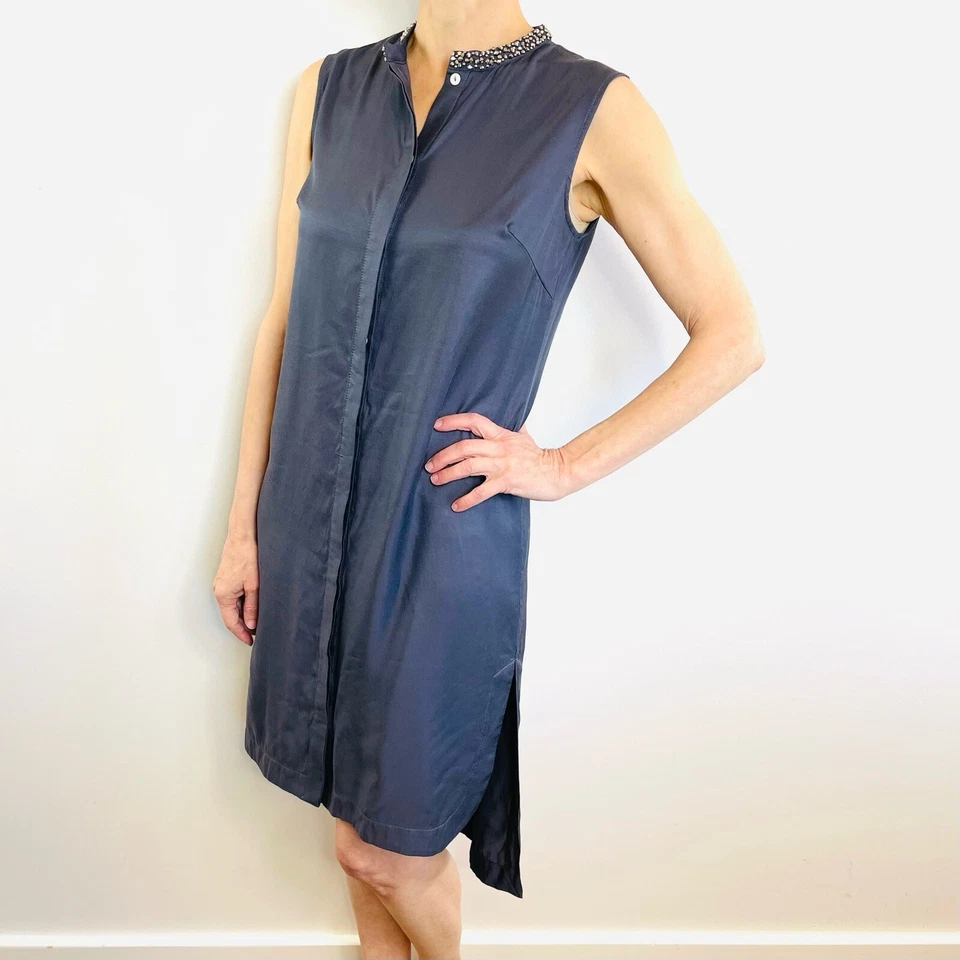 Vestido Camisa 3.1 Phillip Lim Talla M 10 12 Azul Gris Sin Mangas Embellecido Cuello Foto 2 de 4