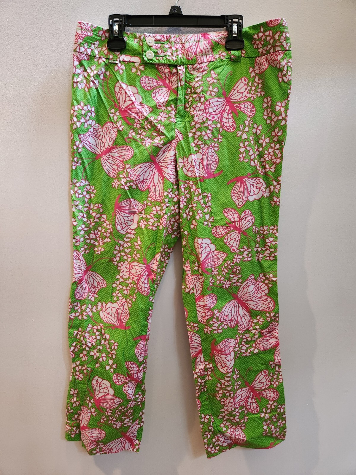 Lilly Pulitzer Butterfly Cropped Pants Women's Size 8 Green pink and white