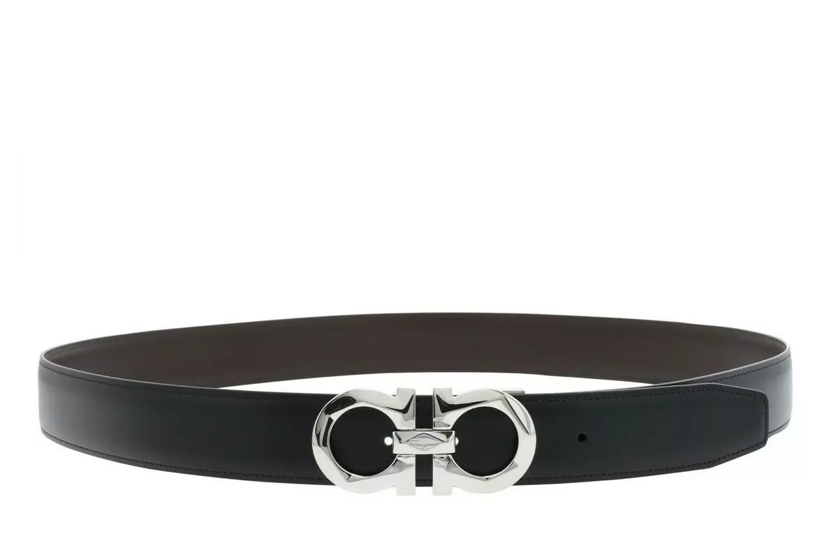 Salvatore Ferragamo Gancini Silver Diamond Finish Buckle Black/Brown Belt