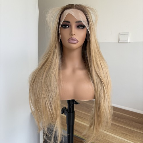 Heat Resistant Hair Natural T Lace Frontal Wigs Long Straight Soft Ombre Blonde - Picture 3 of 7