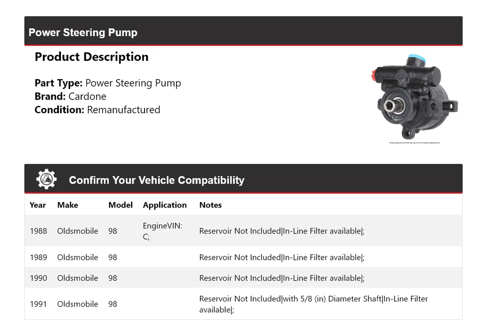 Bomba de dirección asistida Cardone 1989 1990 Oldsmobile 98 1988-1991 Foto 2 de 4