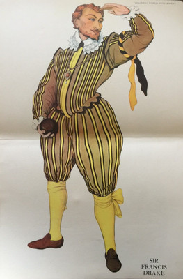 Antiker Druck Sir Francis Drake um 1930 Lithographie Entdecker Geschichte