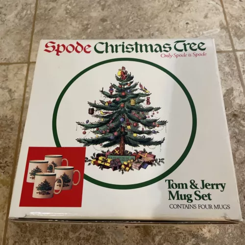 Spode Christmas Tree Set of 4 “Tom & Jerry” 8oz Mugs In Original Box Never Used
